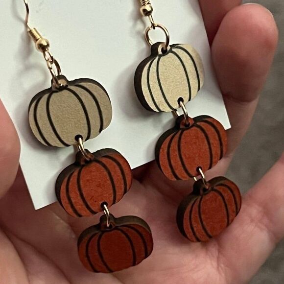 Handmade Tri Color Pumpkin Dangle Earrings - Picture 2 of 5